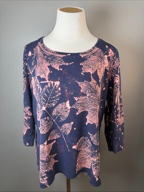 Women's Navy and Pink Leaf Print Long Sleeve Top
